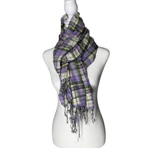 J Crew Purple Plaid Fringe Scarf Womens OS Gauzy Cotton